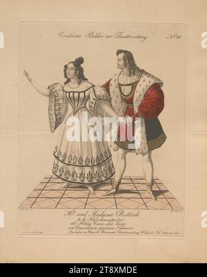 Mr. Und Madame Rettich als König Enzio und Luzie in den gleichnamigen Trauerspielen (Kostümbild Nr. 36 zur Theaterzeitung), Andreas Geiger (1765-1856), Kupferstecher, 1836, farbig, Kupferstich, Blattgröße 28,7 x 23,2 cm, Tellergröße 22,1 x 17,4 cm, Theater, darstellende Kunst, bildende Kunst, Schauspieler (auf der Bühne), Julie Rettich, Carl Rettich, The Vienna Collection Stockfoto