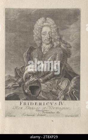 FRIDERICUS IV REX Daniae et Norwagiae. Claudianus Virtutibus ille Fortunam domuit', Johann Christoph Weigel der ältere (1654-1725), Mezzotint-Künstler, Johann Kenkel (Kenckel) (1688-1722), Kupferstecher, Datum vor 1722, Papier, Mezzotint, Höhe 46,2 cm, Breite 31,2 cm, Plattengröße 35 x 24,1 cm, Bildende Kunst, Militär, Nachlass von Constantin von Wurzbach, Porträt, Lineal, Mann, Rüstung, die Wiener Sammlung Stockfoto