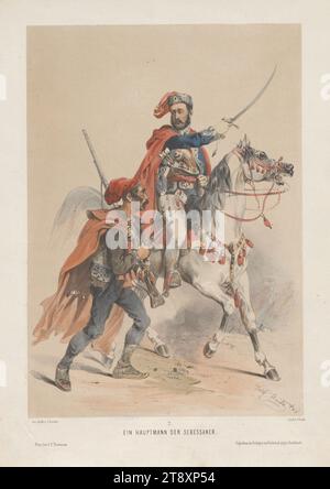 EIN HAUPTMANN DER SERESSANER." Im Oktober 1848 (aus der Reihe 'SERESSANER UND CROATEN gezeichnet von JOS. HEICKE. "), Joseph Heicke (1811-1861), Lithograph, Johann Rauh (1803-1863), Drucker, Leopold Theodor Neumann (1804-1876), Verlag, 1848, Papier, farbig, Kreidelithographie, Höhe 29,7 cm, Breite 21,4 cm, Militär, Bildende Kunst, Revolutionen von 1848, 1849, der Soldat, das Leben des Soldaten, die Wiener Sammlung Stockfoto