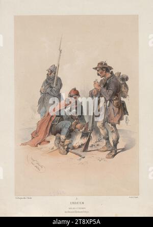 CROATEN.“ (Im Oktober 1848, aus der Reihe 'SERESSANER UND CROATEN gezeichnet von JOS. HEICKE."), Oktober 1848, Joseph Heicke (1811-1861), Lithograph, Johann Rauh (1803-1863), Drucker, Leopold Theodor Neumann (1804-1876), Verlag, 1848, Papier, farbig, Kreidelithographie, Höhe 30 cm, Breite 21,5 cm, Militär, Bildende Kunst, Revolutionen von 1848, 1849, der Soldat, das Leben des Soldaten, die Wiener Sammlung Stockfoto