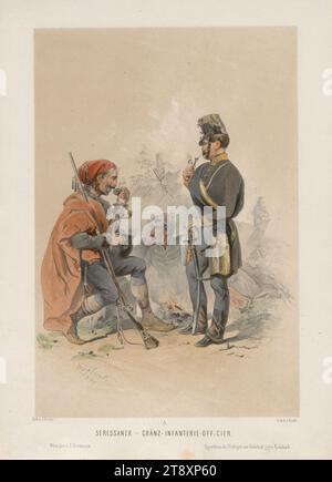 SERESSANER - GRÄNZ-INFANTERIE-OFFICIER." (Aus der Reihe 'SERESSANER UND CROATEN gezeichnet von JOS. HEICKE. "), Oktober 1848, Joseph Heicke (1811-1861), Lithograph Johann Rauh (1803-1863), Drucker, Leopold Theodor Neumann (1804-1876), Verlag, 1849, Papier, farbig, Kreidelithographie, Höhe 29,8 cm, Breite 21,7 cm, Militär, Bildende Kunst, Revolutionen von 1848, 1849, der Soldat, das Leben des Soldaten, die Wiener Sammlung Stockfoto