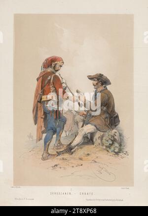 SERESSANER. - CROATE." (Aus der Reihe 'SERESSANER UND CROATEN gezeichnet von JOS. HEICKE."), Oktober 1848, Joseph Heicke (1811-1861), Lithograph, Johann Rauh (1803-1863), Drucker, Leopold Theodor Neumann (1804-1876), Verlag, 1849, Papier, farbig, Kreidelithographie, Höhe 29,7 cm, Breite 21,6 cm, Militär, Bildende Kunst, Revolutionen von 1848, 1849, der Soldat, das Leben des Soldaten, die Wiener Sammlung Stockfoto