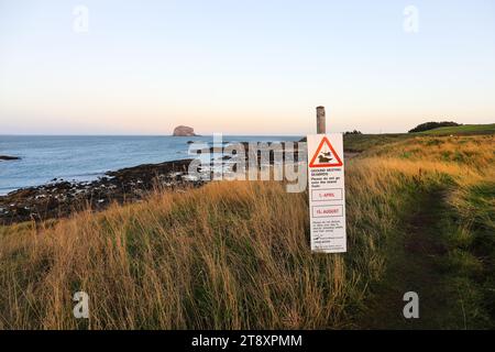 Schild zur Warnung der Öffentlichkeit, um Brutvögel auf den Inseln entlang der North Berwick Coast mit Bass Rock im Hintergrund, North Berwick, E, zu schützen Stockfoto