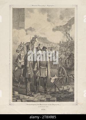 Verteidigung der Barrikade in Jägerzeile am 28. Oktober 1848." (Nr. 24 aus: "Vaterländische Bilder-Chronik aus der Geschichte des österreichischen Kaiserstaates ..."), 1849, Papier, Kreidelithographie, Höhe 28, 9 cm, Breite 22, 4 cm, Bildende Kunst, Umdrehungen von 1848, 1849, 2: Leopoldstadt, Straßensperren, Barrieren, Kampf, Kämpfe im Allgemeinen, die Wiener Sammlung Stockfoto