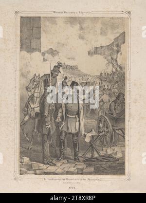 Verteidigung der Barrikade in Jägerzeile am 28. Oktober 1848." (Nr. 24 aus: "Vaterländische Bilder-Chronik aus der Geschichte des österreichischen Kaiserstaates ..."), 1849, Papier, Kreidelithographie, Höhe 29,2 cm, Breite 22,8 cm, Bildende Kunst, Umdrehungen von 1848, 1849, 2: Leopoldstadt, Straßensperren, Barrieren, Kampf, Kämpfe im Allgemeinen, die Wiener Sammlung Stockfoto