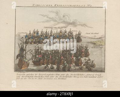 Nr. 9 der Serie 'Nordisches Kriegstheater': Seetreffen des Kaiserlichen Russen mit der königlich schwedischen Flotte in der Ostsee am 17. Juli 1788, Johann Caspar Weinrauch (1765-1846), Stecher, 1788, Papier, farbig, Kupferstich, Höhe 19, 5 cm, Breite 24, 7 cm, Tellergröße 16, 1 x 17, 5 cm, Krieg und Krieg, Bildende Kunst, Militär, Schlacht, Kämpfe im Allgemeinen, Schlacht (+ Marinestreitkräfte), Marine, Segelschiff, Segelboot, Schiffe (General), Die Wiener Sammlung Stockfoto