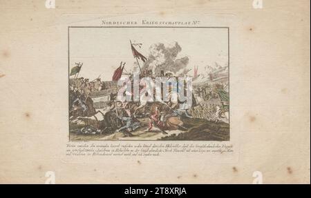 Nr. 7 der Reihe 'Nordisches Kriegstheater': Schlacht zwischen russischen, dänischen und schwedischen Truppen bei Quistrum in Bohuslehn am 19. September 1788, Johann Caspar Weinrauch (1765-1846), Kupferstecher, 1788, Papier, farbig, Kupferstich, Höhe 23,7 cm, Breite 37 cm, Plattengröße 16 x 19,1 cm, Krieg und Krieg, Bildende Kunst, Militär, Schlacht, im Allgemeinen kämpfend der Soldat; das Leben des Soldaten, der Mann, die Wiener Sammlung Stockfoto