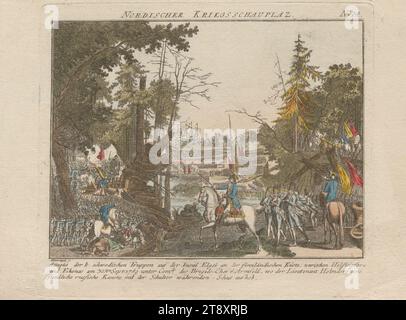 Nr. 14 der Serie 'Nordisches Kriegstheater': Angriff der königlich schwedischen Truppen auf die Insel Elgsö am 30. September 1789, Johann Caspar Weinrauch (1765-1846), Kupferstecher, 1789, Papier, farbig, Kupferstich, Höhe 19,1 cm, Breite 24,9 cm, Plattengröße 16,4 x 18,8 cm, Krieg und Krieg, bildende Kunst, Militär, Schlacht, im Allgemeinen kämpfend der Soldat; das Leben des Soldaten, der Mann, die Wiener Sammlung Stockfoto