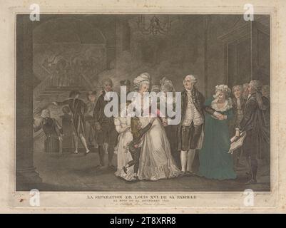 Trennung Ludwigs XVI. Von seiner Familie (am 29. September 1792), Jean Auvril, Kupferstecher, 1792–1800, Papier, farbig, Kupferstich, Höhe 42 cm, Breite 55,8 cm, Tellergröße 34 x 46,5 cm, Kunst, Familie, Revolution, König; kaiser, Herrscher, Souverän, Wiener Sammlung Stockfoto