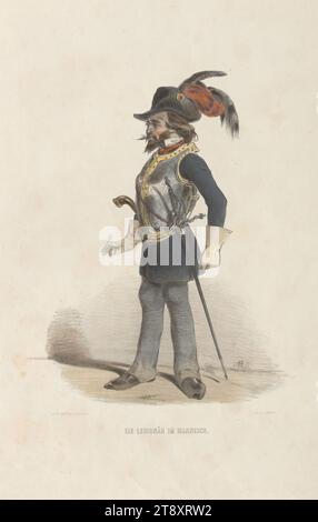 EIN LEGIONÄR IM HARNISCH." (Aus der Reihe "ERINNERUNGS=BILDER, aus, WIENS OCTOBER-TAGE 1848, VON, A. ZAMPIS."), Anton Zampis (1820-1883), Lithograph, Johann Höfelich (1796-1849), Drucker, A. O. Witzendorf, Verlag, 1848, Aquarell, Malerei, Kreide-Lithographie, Höhe 49,9 cm, Breite 33,7 cm, Umdrehungen von 1848, 1849, Bildende Kunst, Mann, der Soldat, das Leben des Soldaten, die Wiener Sammlung Stockfoto