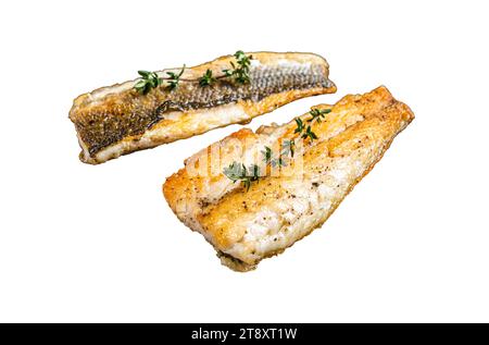 Gegrilltes Wolfsbarschfilet mit Limette und Thymian. Isolierter, weißer Hintergrund Stockfoto
