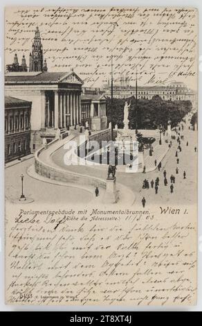 Wien I.. Parlamentsgebäude mit monumentalem Brunnen, Carl (Karl) Ledermann jun., Produzent, 1903, Pappe, Kollotype, Inschrift, VON Wien NACH Fürberg A, Wolfgangsee, ANSCHRIFT, Wolgeboren, Frau [Name], Fürberg a. Wolfgangsee, letzte Post St. Gilgen, NACHRICHT, 11., 8,03, lieber Dolfi! vielen Dank für die schönen Karten. Ich bin sehr froh, dass Sie sich besser fühlen. Bist du mit der Salbe fertig und warst du schon beim Arzt? Wie geht es Walterl mit seinem Appetit? Ich weiß nichts Besonderes. Gestern hatten wir starken Regen Stockfoto