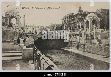 Wien, I.. Wienportal (Stadtpark), Sperlings Postkartenverlag (M. M. S.), Produzent, 1920, Karton, Kollotype, Inschrift, VON Wien 15 NACH Delden, ADRESSE, Fräulein, R. K. Pastoria in Delden, o) Holland, NACHRICHT, 9. V. 20., Liebes Schatzele!, wie geht es dir gesund bist du und wohl jetzt wird es schon besser gehen gell nur nicht verzagt, Fritzi geht es auch gut. Hast du schon einen Brief von Mom bekommen, sehr warmes Wetter hier? Abschied und bleib gesund Grüße und Küsse, Papa, es regnet wieder, hast du die Kränze, Park, Fluss Wien, Medien und Kommunikation erhalten Stockfoto