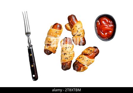 Schweine in Blanket Blätterteig Wurst Wrap Rolle. Isolierter, weißer Hintergrund Stockfoto