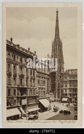 Wien, Blick vom Graben in Richtung Stefansplatz, vermutlich:, 1938, Pappe, Tiefdruck, Inschrift, AN, Wien, ADRESSE, Hofratsgattin, Wien, XIII, 3, NACHRICHT, 12.11.1938, mit freundlichen Grüßen zum 13., Herbert und Millar sind bis jetzt wieder gut. Wir hoffen, dass Sie auch gesund sind, Heil Hitler, Karl und Millar, Herbert, St. Stephansdom, Sehenswürdigkeiten, individueller Verkehr, Medien und Kommunikation, Postkarten mit Transliteration, Bezirk: innere Stadt, Kirche (außen), Platz, Platz, Zirkus, etc. Straße, Auto, das übliche Haus oder eine Reihe von Häusern Stockfoto