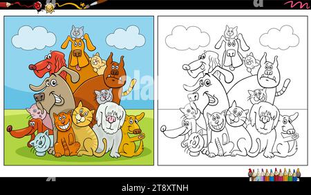 Cartoon-Illustration von Katzen und Hunden Tierfiguren Gruppe Ausmalseite Stock Vektor