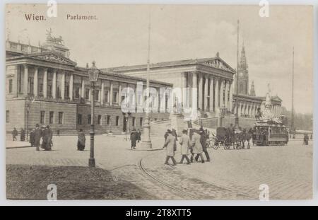 Wien. Parlament, Brüder Kohn KG (B. K. W. I.), Produzent, ca., Karton, Kollotype, Sehenswürdigkeiten, Recht und Justiz, Ringstraße, öffentliche Verkehrsmittel, Medien und Kommunikation, Verkehr und Verkehr, 1. Bezirk: Innere Stadt, mit Menschen, Straßenbeleuchtung, Eisenbahn, Straßenbahn; Zahnstangenbahn, vierrädriges, tierischer Zugfahrzeug, z. B.: Fahrerhaus, Wagen, Coach, parlament, Handschrift, schriftlicher Text (TSCHECHISCH), Parlament Wien, Dr.-Karl-Renner-Ring, Sammlung Wien Stockfoto