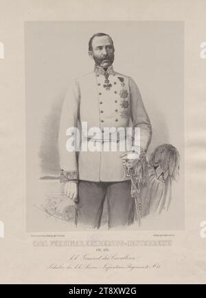 CARL FERDINAND, ERZHERZOG gegen OESTERREICH usw. k. General der Cavallerie, Inhaber des k. k. Linien-Infanterie-Regiments Nr. 51. ", Vinzenz Katzler (1823-1882), Künstler, Joseph Stoufs, Realisation, 1862, Papier, Lithographie, Höhe 36, 3 cm, Breite 26, 9 cm, Bildende Kunst, Aristokratie, Nachlass Constantin von Wurzbach, Habsburger, Porträt, Mann, Herrscher, Fürst, Erzherzog Karl Ferdinand von Österreich, Sammlung Wien Stockfoto