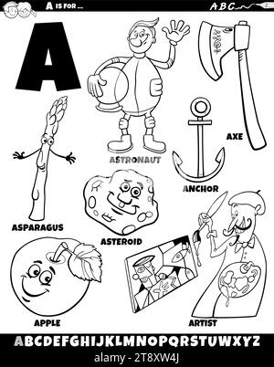 Zeichentrickdarstellung von Objekten und Zeichen, die für die Ausmalseite „Buchstabe A“ festgelegt wurden Stock Vektor