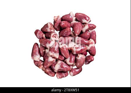 Metzgerbrett mit rohen Hühnerherzen. Isolierter, weißer Hintergrund Stockfoto