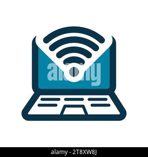 Laptop-Symbol mit WI-FI-Signalsymbol. Schwarzes Notebook-Symbol im flachen Stil. Computersymbol. Vektorabbildung Stock Vektor
