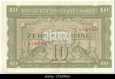 Banknote, 10 Schilling, alliierte Militärbehörde (1945-1955), Münzbehörde, 1944, Papier, Druck, Höhe 73 mm, Breite 114 mm, Mint, England?, Mint Territory, Österreich, 2. Weltkrieg (1933-1945), 2. Weltkrieg, Finanzen, Banknote, Geld, Die Wiener Sammlung Stockfoto