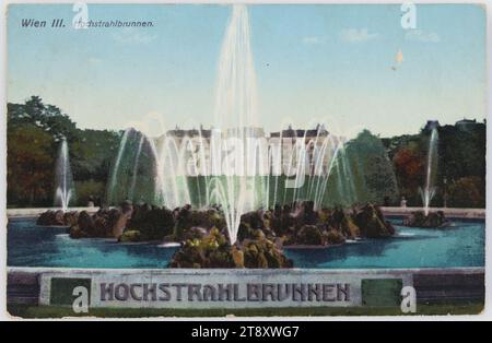 3., Schwarzenbergplatz - Hochstrahlbrunnen, im Hintergrund Schwarzenbergpalais, Ansichtskarte, Verlag Anton Böhm, Wien (A. B. & Co., Wien), Produzent, 1913, beschichtete Pappe, Photochrom, Beschriftung, VON, Wien, NACH, Miltschowec, ADRESSE, an Wohlgeb., Herr, [Name], Miltschowec, Post: Saaz, Böhmen, BOTSCHAFT, noch einmal die herzlichsten Grüße an euch alle, dann 'Ade' you beautiful Vienna, Address: Trentschin, schreiben bald, Attraktionen, Medien und Kommunikation, Ansichtskarten mit Transliteration, 3. Bezirk: Landstraße, Platz, Ort, Zirkus, etc., Zierbrunnen, Handschrift Stockfoto