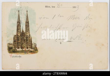 9., Rooseveltplatz - Votivkirche, Ansichtskarte, Schwanhäusser, Produzent, 1899, Karton, Farblithographie, Beschriftung, VON, Wien, AN, Schemnitz, ANSCHRIFT, S. Wohlgeboren, Herr, Schemnitz, ober Ungarn, MESSAGE, Wien, den 1, 3 1899, von 1ten Mai die herzlichsten Grüße an, Sehenswürdigkeiten, Ansichtskarten mit Transliteration, 9. Bezirk: Alsergrund, Kirche (außen), Votivkirche, Handschrift, schriftlicher Text, Rooseveltplatz, Sammlung Wien Stockfoto