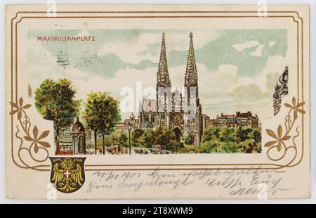 9., Rooseveltplatz - Votivkirche, Postkarte, Unbekannt, 1901, Pappe, im Relief, Farblithographie, Inschrift, VON, Wien, NACH Budapest, ADRESSE, Wohlg., Frau, VII Budapest, Csömöriut 8, NACHRICHT, 10, 10 1901, ich kam sicher hierher. Küsse zu dir Mami, Attraktionen, öffentliche Verkehrsmittel, Verkehr und Transport, Postkarten mit Transliteration, 9. Bezirk: Alsergrund, Kirche (außen), Votivkirche, Handschrift, schriftlicher Text, Rooseveltplatz, Die Wiener Sammlung Stockfoto