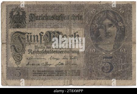 Kreditrechnung, 5 Mark, Reichsschuldenverwaltung (1820-1955), Münzanstalt, 01.08.1917, Papier, Druck, Höhe 80 mm, Breite 125 mm, Mint, Berlin, Münzgebiet, Deutsches Kaiserreich (1871-1918), 1. Weltkrieg, Finanzen, Wappen (als Symbol des Staates usw.), Frau, Banknote, Geld, Die Wiener Sammlung Stockfoto