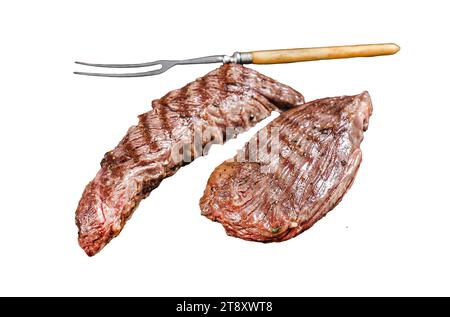 Gegrillte Sirloin-Klappe oder Bavette-Rindfleischsteak auf einem Grill mit Kräutern. Isolierter, weißer Hintergrund Stockfoto