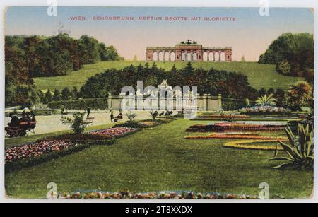 13., Schönbrunn - Gloriette, Blick vom Schlosspark, mit Neptunbrunnen, Ansichtskarte, Brüder Kohn KG (B.K.W.I.), Produzent, 1918, beschichtete Pappe, beschichtete Pappe, Autokromdruck, Beschriftung, AN, Mrs., ADRESSE, Frau Private, Graz, Keplerstr. 38, III, BOTSCHAFT, liebe Mutter! 12, 9,18, ich habe Ihren Brief gestern erhalten und werde ihn nach meiner Rückkehr beantworten, Herzl. Grüße, Hans, Sehenswürdigkeiten, Habsburger, Park, Freizeit und Freizeit, Medien und Kommunikation, Ansichtskarten mit Transliteration, 13. Bezirk: Hietzing, öffentliche Gärten, park, dekorativer Brunnen, Skulptur Stockfoto