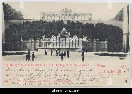 13., Schönbrunn - Gloriette, aus dem Schlosspark, mit Neptunbrunnen, Ansichtskarte, Carl (Karl) Ledermann jun., Produzent, 1899, Karton, Kollotypie, Inschrift, VON Wien NACH Brünn, ANSPRACHE an Wolgeboren, Herr Bäckermeister, in Brünn, Franziskanergasse 9, NACHRICHT 25, I 99, lieber Bruder! Bisher habe ich 8 Karten von dir. Interessieren Sie sich für einige aus Graz und Triest? Ich habe Ihnen die Neptungrotte allein geschickt, Sehenswürdigkeiten, Habsburger, Park, Freizeit und Freizeit, Medien und Kommunikation, Ansichtskarten mit Transliteration, 13. Bezirk: Hietzing, öffentliche Gärten, Park Stockfoto