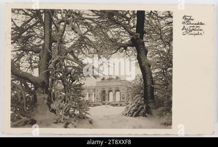 13., Schönbrunn - Gloriette im Winter, Ansichtskarte, Postkartenverlag Donauland, Produzent, 1938, Pappe, Gelatinepapier, Inschrift, AUS Wien, AN, Berlin, ANSCHRIFT, Berlin-Dahlem, unter den Eichen 82, NACHRICHT, 21.12.1938, sehr geehrter Professor!, bitte bedanken Sie sich herzlich für die informelle Bewertung im WR. Mediz. Wochenschrift! Ich nutze diese Gelegenheit, um Ihnen alles Gute für die Feiertage und das neue Jahr zu wünschen. Mit freundlichen Grüßen, Attraktionen, Habsburgs, Park, Medien und Kommunikation, Winter, Postkarten mit Transliteration, 13. Bezirk: Hietzing, öffentliche Gärten, Park Stockfoto