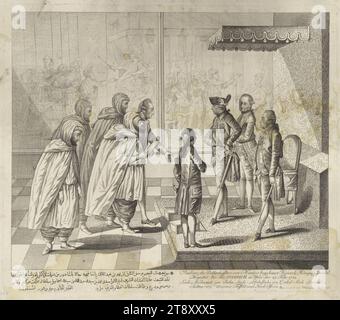 Die Audienz des Botschafters von Marokko, sagte Muhammed Ben Abdulmalek, mit Kaiser Joseph II. Am 28. Februar 1783, Johann Hieronymus Löschenkohl (1753-1807), Verlag, 1783, Papier, Kupferstich, Blattgröße 40, 5 x 47 cm, Plattengröße 37, 5 x 43, 5 cm, Inschrift, R. u.: Audienz des Bothschafters von Marocco bey seiner Kaiserl. Königlich-Apostolisch, Gemälde &amp;c.&amp;c.. IOSEPH II in Wien, 28. Februar 1783, Seidi Muhamet, ein Sohn von Seidi Abdullah, einem Enkel von Seidi Ismail, Sultan von Marokko Stockfoto