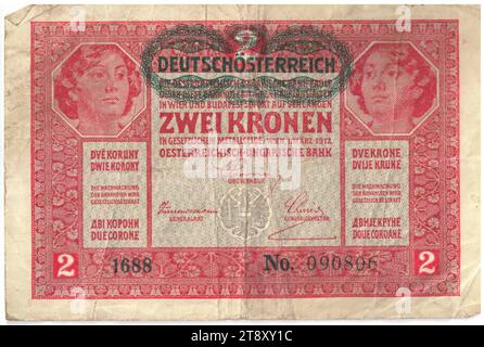 Banknote, 2 Kronen, Alois Hans Schram (1864-1919), Künstler, Rudolf Rössler (1864-1934), Künstler, Rudolf Junk (1880-1943), Künstler, Österreichisch-ungarische Bank, Münzanstalt, 01.03.1917, Papier, Druck, Breite 125 mm, Höhe 83 mm, Münzprägeanstalt Wien, Münzprägegebiet, Österreich, 1. Republik (1918-1933), 1. Republik, Finanzen, Frau, Wappen (als Staatssymbol etc.), Banknote, Geld, Wiener Sammlung Stockfoto