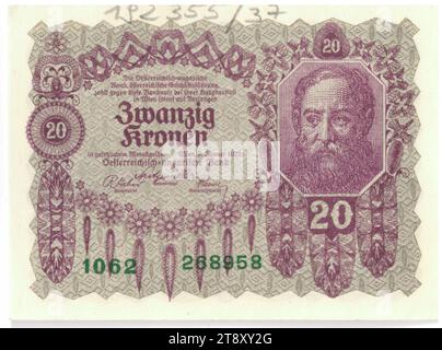 Banknote, 20 Kronen, Rudolf Rössler (1864-1934), Künstler, Rudolf Junk (1880-1943), Künstler, Österreichisch-ungarische Bank österreichischer Geschäftsführung, Münzanstalt, 02.01.1922, Papier, Druck, Breite 100 mm, Höhe 74 mm, Münzstätte Wien, Münzgebiet, Österreich, 1. Republik (1918-1933), die erste Republik, Finanzen, man, banknote, Geld, die Wiener Sammlung Stockfoto