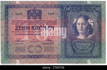 Banknote, 10 Kronen, Rudolf Rössler (1864-1934), Künstler, Österreich-Ungarische Bank, Münzamt, Josef Pfeiffer (1864-1915), Künstler, 02.01.1904, Papier, Druck, Breite 135 mm, Höhe 80 mm, Münzprägeanstalt Wien, Münzprägegebiet, Österreich-Ungarn, Reich (1804, 06-1918), Finanzen, Frau, Wappen (als Staatssymbol etc.), Banknote, Geld, Wiener Sammlung Stockfoto