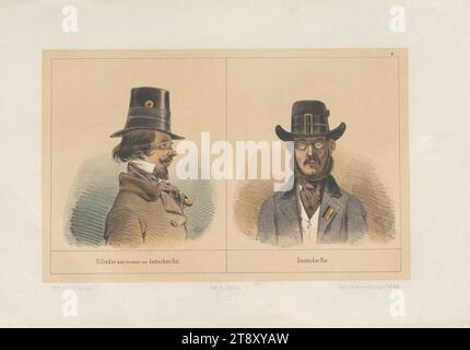 Cilinder muss sich an den deutschen Hut halten. - Deutscher Hut." (Nr. 9 der Reihe "Chronologie, der, Kopfbedeckungen, in dem denkwürdigsten aller Jahre:, 1848., von, A. Zampis"), Anton Zampis (1820-1883), Lithograph, Johann Höfelich (1796-1849), Drucker, Leopold Theodor Neumann (1804-1876), Verlag, 1848, Papier, koloriert, Kreide-Lithographie, Höhe 32, 9 cm, Breite 48, 8 cm, schöne Kunst, Revolutionen von 1848, 1849, Kopfbedeckung, Wiener Sammlung Stockfoto