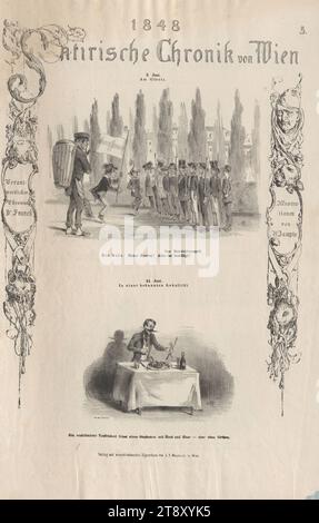 9. Juni, im Glacis. - 11. Juni, in einem bekannten Ort." (Nr. 5 der Reihe '1848, satirische Chronik von Wien'), Franck, Auteur, Anton Zampis (1820-1883), Lithograph, Johann Höfelich (1796-1849), Drucker, Leopold Theodor Neumann (1804-1876), Verlag, 1848, Papier, Kreidelithographie, Höhe 44, 4 cm, Breite 29 cm, Karikatur, Satire, Revolutionen von 1848, 1849, Wiener Sammlung Stockfoto