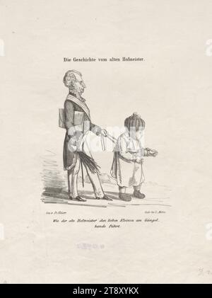 Wie der alte Hofmeister den lieben Kleinen im Gängel führt. (Nr. 2 der Serie „die Geschichte vom alten Hofmeister“.) (Satire über Metternichs Politik), Friedrich Kaiser, Lithograph, Ludwig Mohn (1797-1857), Drucker, 1848, Papier, Kreide-Lithographie, Höhe 34, 5 cm, Breite 26, 4 cm, Politik, Umdrehungen von 1848, 1849, Karikatur, Satire, Pre-March, Biedermeier, Politiker, Die Wiener Sammlung Stockfoto