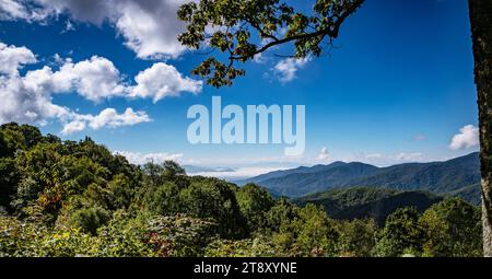 Helle Wolken unterstreichen die Aussicht vom Webb Overlook auf dem Blue Ridge Parkway in North Carolina, Virginian, USA Stockfoto