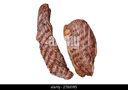 Gegrillte Sirloin-Klappe oder Bavette-Rindfleischsteak auf einem Grill mit Kräutern. Isolierter, weißer Hintergrund Stockfoto