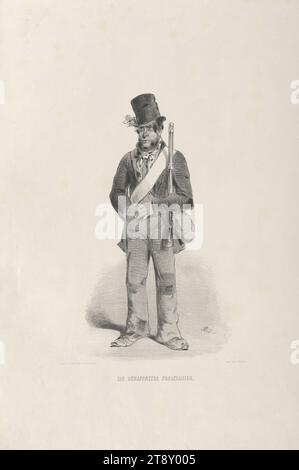 EIN BEWAFFNETER PROLETARIER." (Aus der Reihe "ERINNERUNGS=BILDER, aus, WIENS OCTOBER-TAGE 1848, VON, A. ZAMPIS."), Anton Zampis (1820-1883), Lithograph, Johann Höfelich (1796-1849), Drucker, A. O. Witzendorf, Verlag, 1848, Papier, Kreidelithographie, Höhe 54 cm, Breite 36, 4 cm, Umdrehungen von 1848, 1849, Bildende Kunst, Mann, die Wiener Sammlung Stockfoto