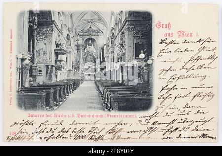 Gruß aus Wien I.. Innenraum der Kirche St. Jerome (Franziskaner), Carl (Karl) Ledermann Jr., Produzent, 1898, Karton, handkoloriert, Kollotype, Höhe x Breite: ca. 9 x 14 cm, Inschrift, VON Wien, NACH, Wien, ANSCHRIFT, Zögling im Kollegium, Kalksburg bei Wien, Südbahnstation Liesing, BOTSCHAFT, vielen Dank für Ihre herzlichen Glückwünsche. ich hoffe, dass sie wahr werden. Bleiben Sie im neuen Jahr fleißig, dann werden Sie uns das größte Vergnügen bereiten Stockfoto