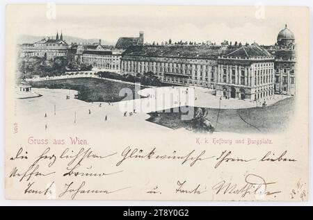 Grüße aus Wien. K.k.. Hofburg and Burgplatz, Stengel & Co., Dresden, Produzent, 1898, Pappe, Kollotype, Höhe x Breite: ca. 9 x 14 cm, Inschrift, VON Wien, NACH, Wien, ANSCHRIFT, Wien, III Marokkanergasse 19, herzliche Glückwünsche an Ihren lieben Neffen Bruno, Tante Johanna u. Tante Mathilda 28.III.98, Habsburger, Sehenswürdigkeiten, Medien und Kommunikation, Postkarten mit Transliteration, Bezirk: Innere Stadt, palais, Palast, Platz, Zirkus usw. mit Menschen, Schloss, Hofburg, Handschrift, schriftlicher Text, Heldenplatz Stockfoto