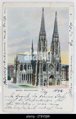 9., Rooseveltplatz - Votivkirche, Postkarte, Walter Haertel, Produzent, C. Andelfinger & Cie., Kunstanstalt, Hersteller, 1899, beschichtete Pappe, Halbtondruck, Sehenswürdigkeiten, Medien und Kommunikation, Ansichtskarten mit Transliteration, 9. Bezirk: Alsergrund, Kirche (außen), Votivkirche, Handschrift, schriftlicher Text, Rooseveltplatz, Die Wiener Sammlung Stockfoto