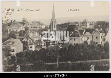 19., Panorama von Heiligenstadt, Ansichtskarte, Sperlings Postkartenverlag (M. M. S.), Produzent, 1913, Karton, Kollotypie, Inschrift, AUS Wien (19.), NACH Krumbach (NÖ), ANSCHRIFT, Hochgeboren, Frau, Krumbach, N. Öst, Aspangbahn, NACHRICHT, ich habe gerade erfahren, dass Erichs letzte Prüfung bestanden hat und sich gut entwickelt hat. herzlichen Glückwunsch. Er wird heute Abend bei uns sein. Es tut mir leid für Sie alle, wegen des schrecklichen Wetters; ich hoffe nur, dass alles gut mit Ihnen ist. Wir sind froh, in Wien zu sein, obwohl es hier auch düster aussieht. Bitte grüßen Sie die Kinder herzlich und umarmen Sie sich selbst. Stockfoto