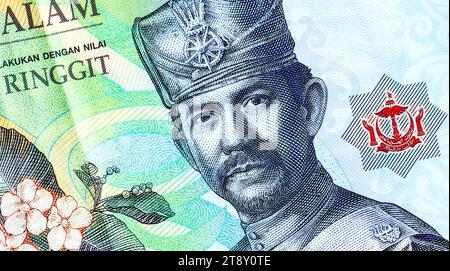 Sultan Hassanal Bolkiah Porträt auf Brunei 1-Dollar-Banknote. Banknote der Bank of Brunei Darussalam. Seine Majestät Sultan Haji Hassanal Bolkiah im Militär Stockfoto