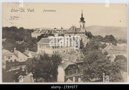 13., Ober-St.-Veit - Ober-St. Veiterkirche, Panoramablick, Ansichtskarte, Sperlings Postkartenverlag (M. M. S. ), Produzent, 1910, Karton, Kollotypie, Inschrift, VON, kein Absender (Ort) angegeben, AN, Kalksburg, ANSCHRIFT, Kalksburg Convikt, BOTSCHAFT, Gratulation an den guten Studenten und verspätet, aber vom Herzen zum Namenstag, Medien und Kommunikation, Postkarten mit Transliteration, 13. Bezirk: Hietzing, Kirche (außen), Dach (des Hauses oder Gebäudes), Schloss, Handschrift, schriftlicher Text, Ober St. Pfarrkirche Veiter Stockfoto